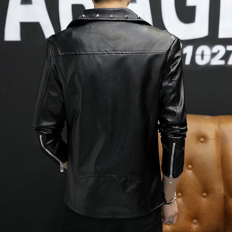 Men's PU Leather Moto Jacket with Rivets - Image 4