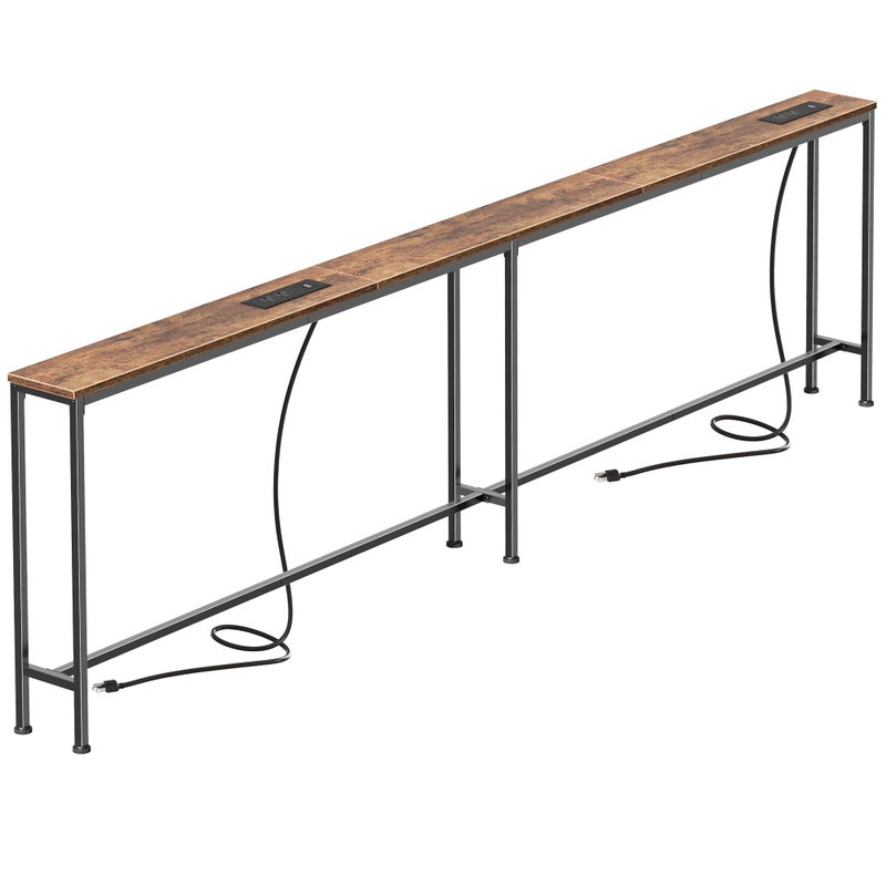 SUPERJARE 94.5 Inch Sofa Table with 2 Power Outlets and USB-C Ports, 5.9 Inch Narrow Console Table with Storage, Long Entryway Hallway Couch Table Behind Sofa, Small Spaces, Living Room, Rustic Brown - Image 1