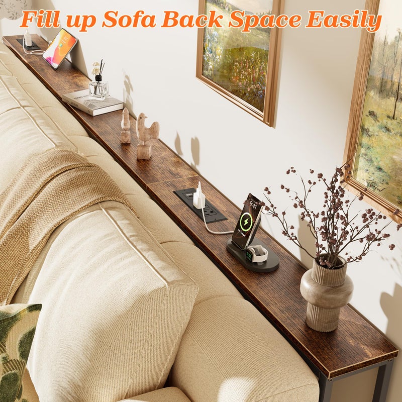 SUPERJARE 94.5 Inch Sofa Table with 2 Power Outlets and USB-C Ports, 5.9 Inch Narrow Console Table with Storage, Long Entryway Hallway Couch Table Behind Sofa, Small Spaces, Living Room, Rustic Brown - Image 2