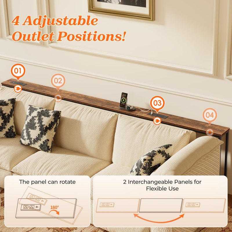 SUPERJARE 94.5 Inch Sofa Table with 2 Power Outlets and USB-C Ports, 5.9 Inch Narrow Console Table with Storage, Long Entryway Hallway Couch Table Behind Sofa, Small Spaces, Living Room, Rustic Brown - Image 5