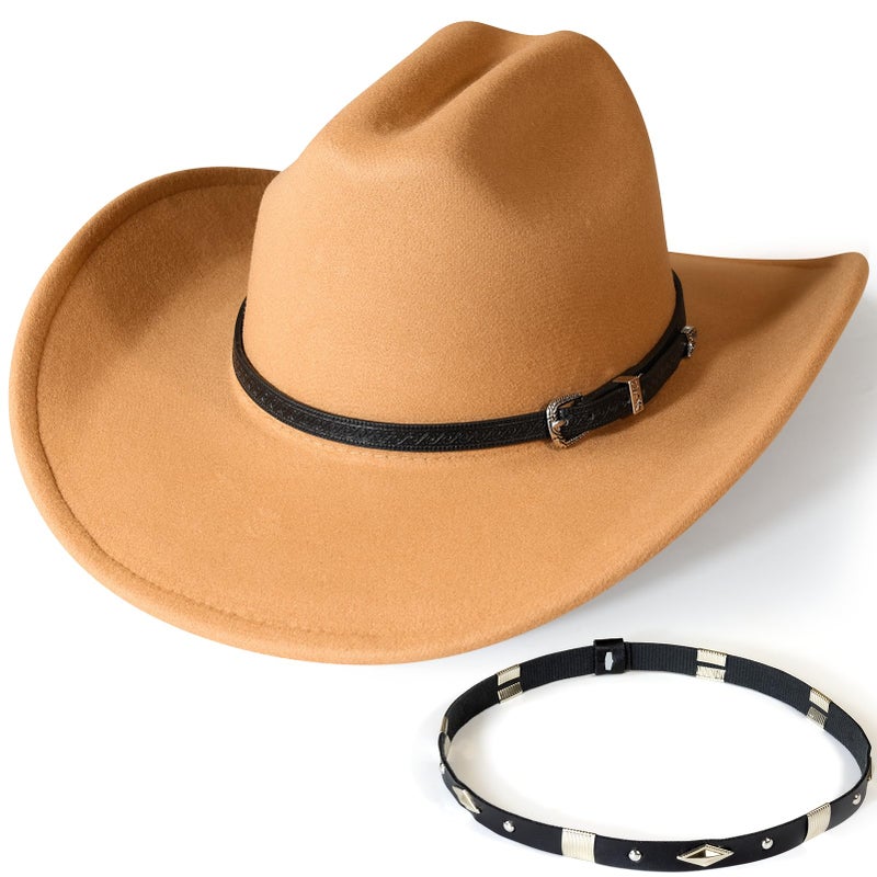 WAYCOM Western Cowboy Hat for Women: Wide Brimmed for Cowgirl - 2 Decorative Band for Men - Felt Hats for Party/Festival Camel - Image 3