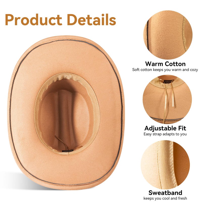 WAYCOM Western Cowboy Hat for Women: Wide Brimmed for Cowgirl - 2 Decorative Band for Men - Felt Hats for Party/Festival Camel - Image 4