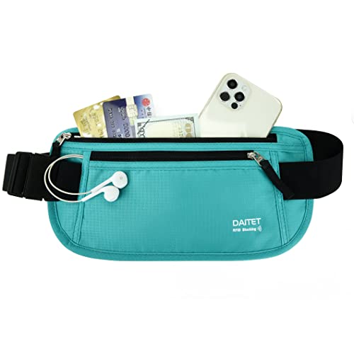 DAITET RFID Blocking Money Belt for Men Women, Slim Fanny Pack for Travel，Running,Conceal Waist Wallet for Passport Holder,Phone,Cash(Black Mint Green) - Image 1
