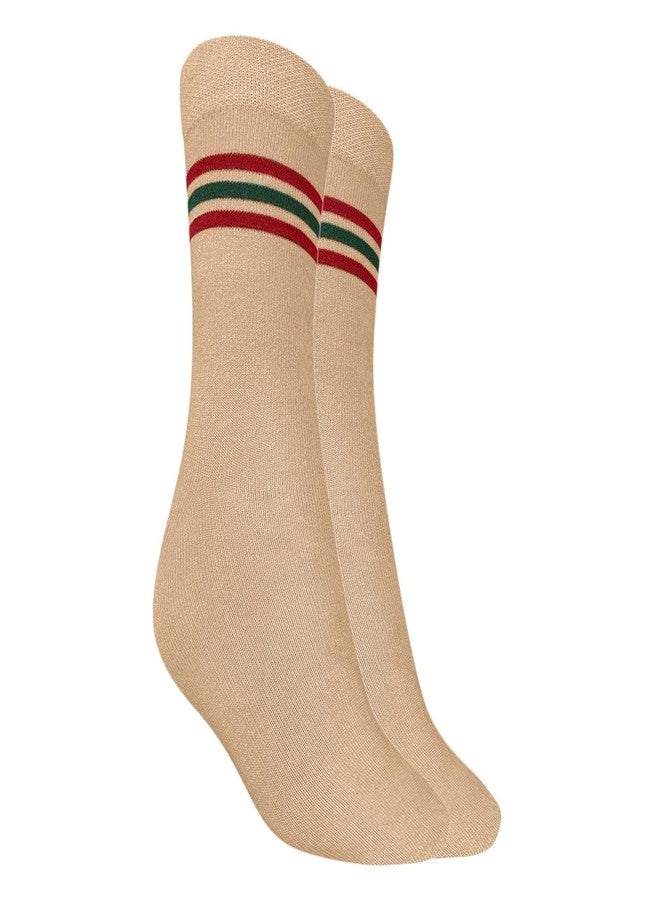 MUKHAKSH (Pack of 4 Pairs = 8 Socks Girls cotton DAV School Socks DAV School Uniform Socks Calf Length Cream with Maroon Green Maroon Border Lining Stripes - Image 2