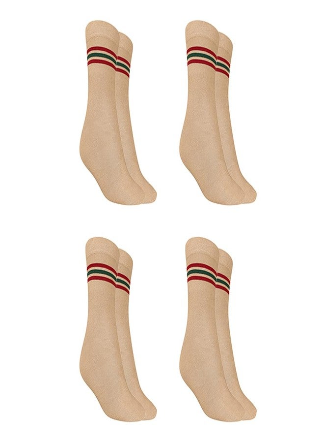 MUKHAKSH (Pack of 4 Pairs = 8 Socks Girls cotton DAV School Socks DAV School Uniform Socks Calf Length Cream with Maroon Green Maroon Border Lining Stripes - Image 1