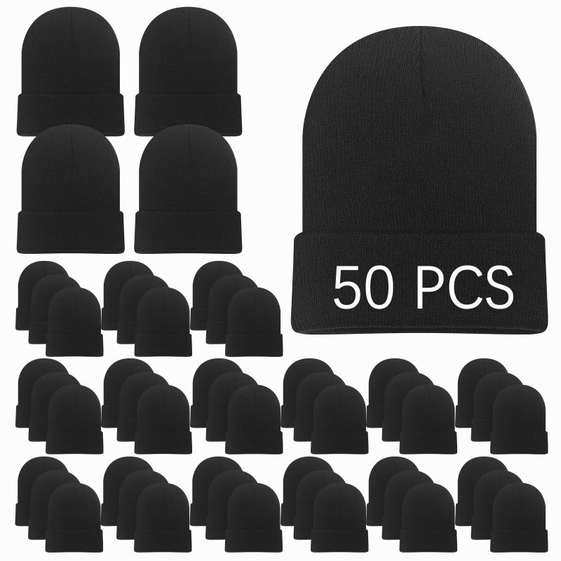 DASSNANE 50 PCS Beanies Hats Men Beanie for Women Winter Knitted Hat, Elasticity Soft Ski Hat Warm Blank Bulk Black Ideal Gifts for Shelters, Charities Bulk Winter Hats for Homeless - Image 1