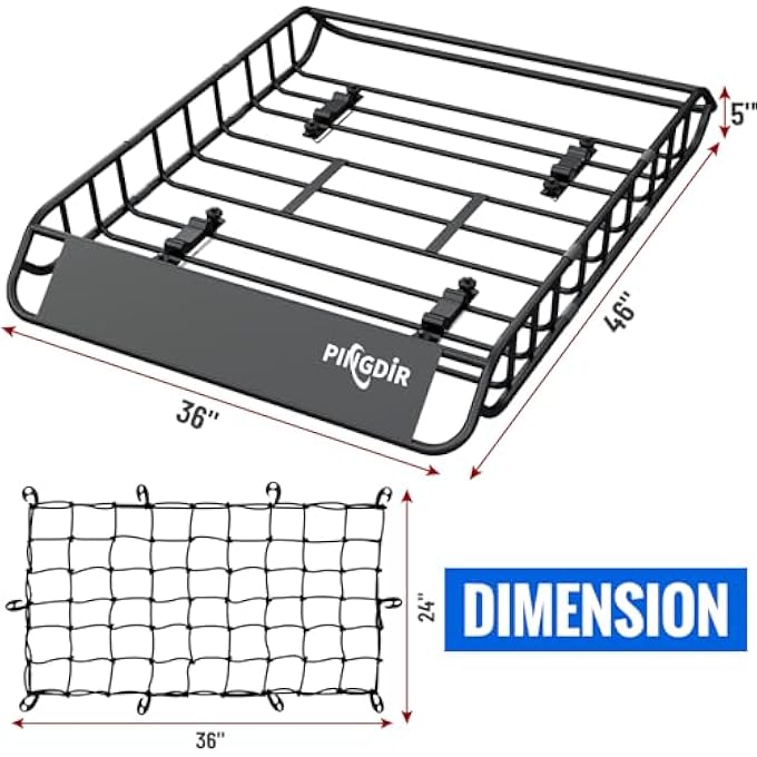 PINGDIR roof Rack Basket Rooftop Cargo Carrier 46"*36"*5" Cargo Net with Attachment Hooks, 2 pcs Ratchet Strap - Image 2