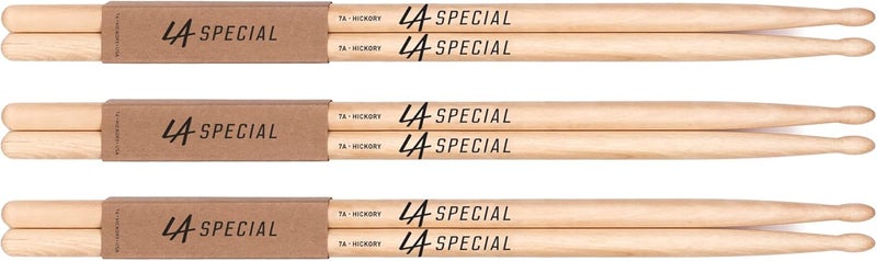 ProMark LA SPECIALS 7A Hickory Drumsticks, Oval Wood Tip, Three Pairs - Image 1