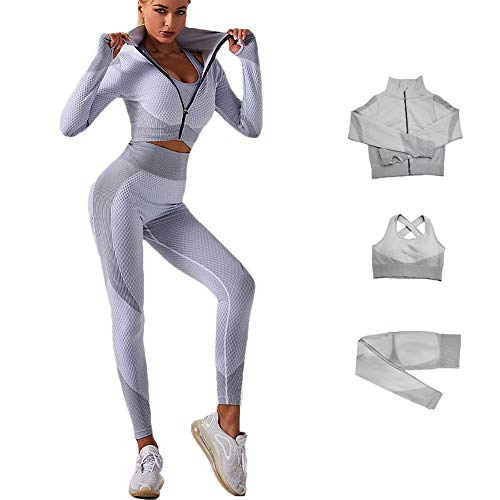 Veriliss 3pcs Seamless Workout Outfit Sets for Women, Gym Clothes Yoga Sportswear Leggings and Stretch Sports Bra Gym jumpsuits Clothes Set (Grey, S) - Image 1