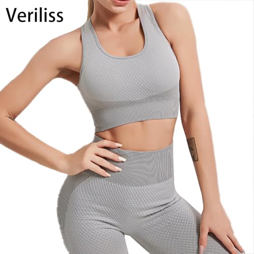 Veriliss 3pcs Seamless Workout Outfit Sets for Women, Gym Clothes Yoga Sportswear Leggings and Stretch Sports Bra Gym jumpsuits Clothes Set (Grey, S) - Image 2