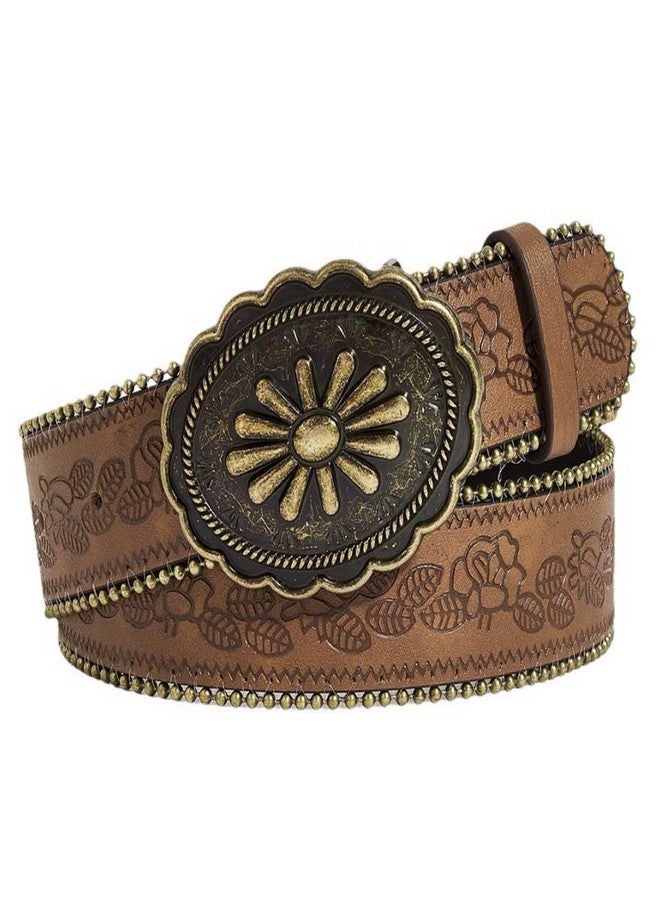 Obmyec Brown Western Belt for Women Men Country Cowgirls Cowboys Leather Belts Vintage Buckle Waist Belt for Jeans Pant Dress (Brown-1, Fit Waist Size: 27''-33'') - Image 1
