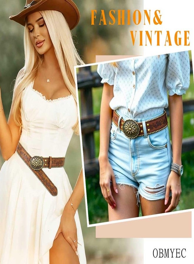 Obmyec Brown Western Belt for Women Men Country Cowgirls Cowboys Leather Belts Vintage Buckle Waist Belt for Jeans Pant Dress (Brown-1, Fit Waist Size: 27''-33'') - Image 2