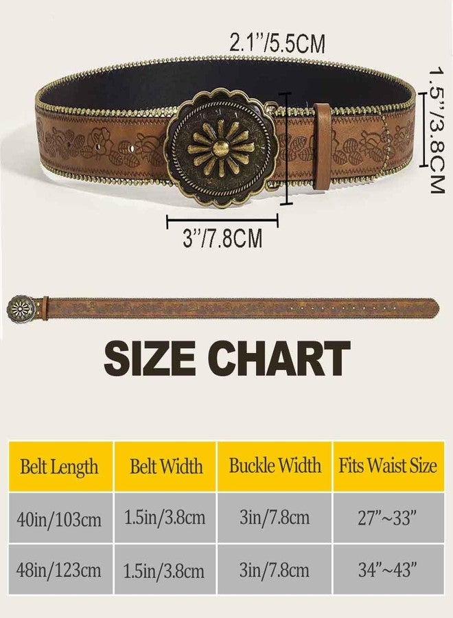 Obmyec Brown Western Belt for Women Men Country Cowgirls Cowboys Leather Belts Vintage Buckle Waist Belt for Jeans Pant Dress (Brown-1, Fit Waist Size: 27''-33'') - Image 3