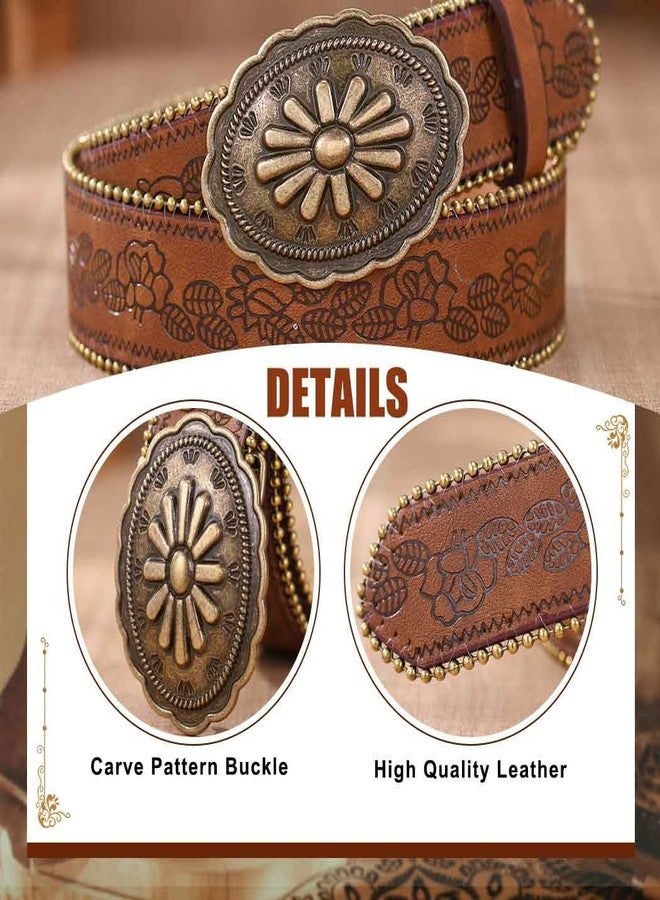 Obmyec Brown Western Belt for Women Men Country Cowgirls Cowboys Leather Belts Vintage Buckle Waist Belt for Jeans Pant Dress (Brown-1, Fit Waist Size: 27''-33'') - Image 5