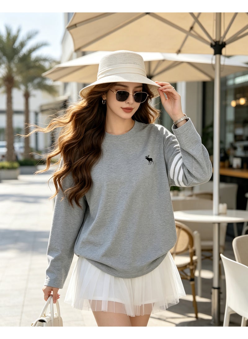 Abercrombie & Fitch Couple Crew Neck Sweatshirt Casual Daily Wear For Men And Women Light Grey - Image 5