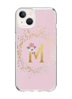 Classic Clear Case For iPhone 15, Hybrid Soft Case Flexible Edges Thin Cover- Custom Monogram Initial Letter Floral Pattern Alphabet - M (Pink)