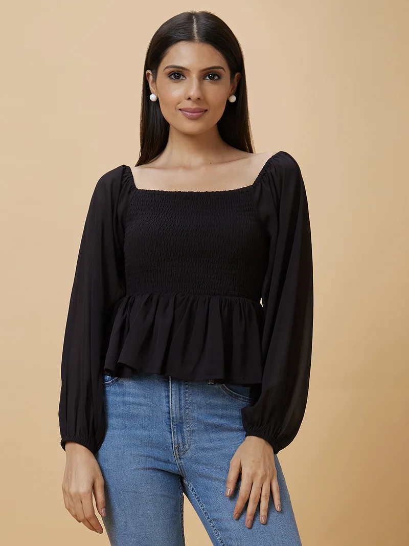 جلو باص Women Black Square Neck Puff Sleeve Smocking Georgette Peplum Top