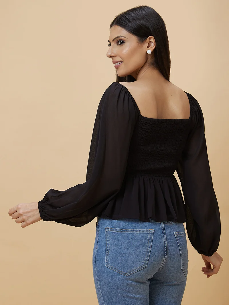 جلو باص Women Black Square Neck Puff Sleeve Smocking Georgette Peplum Top