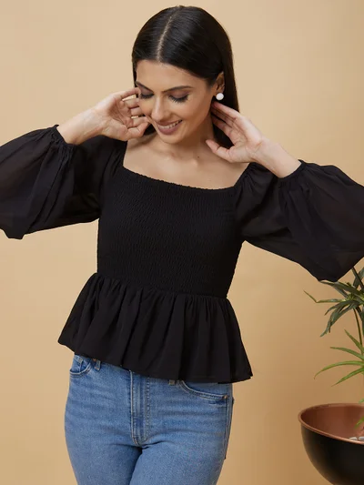 جلو باص Women Black Square Neck Puff Sleeve Smocking Georgette Peplum Top