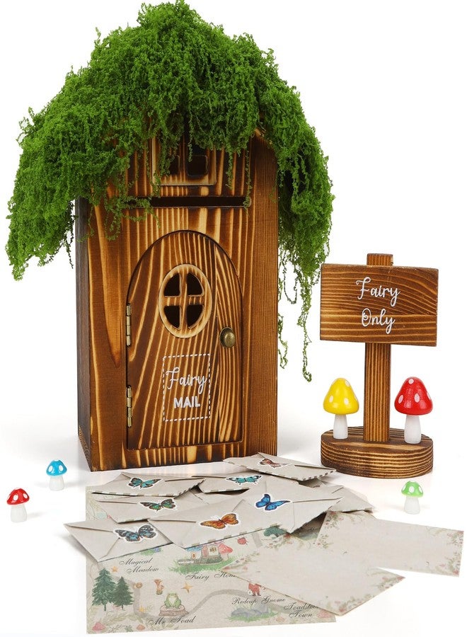 JULEASEL Woodland Fairy Mailbox w/Fake Moss Roof – Magical Wooden Post Box Set w/ 30 Fairies Letters, Envelopes, Fairyland Map & Mushrooms – Enchanting Fairy Garden Decor & Pretend Play Gift - Image 1