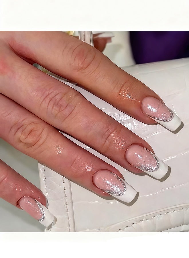 Happy D French Tip Press On Nails - Package Soft Gel French false Nails Short, Salon-quality Press On Nails, Seamless Glue-on Nails for Woman Nail Art Manicure - Image 1