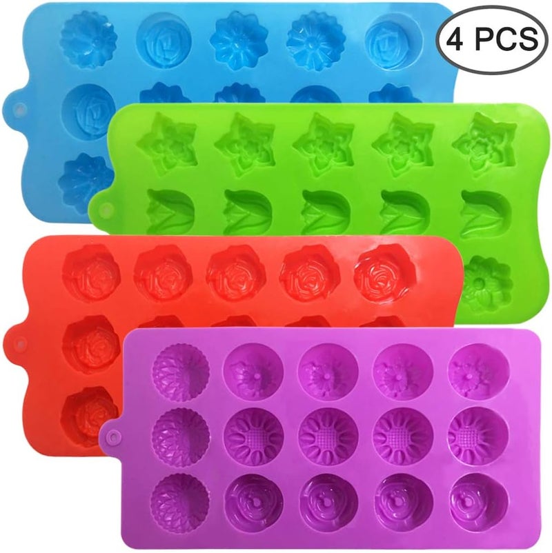 DanziX 4 PACK Flower Shape Chocolate Candy Molds Set, Silicone 15 Cavity Baking Mold Ice Cube Tray for Wedding,Festival,Parties and DIY Crafts-Green,Blue,Red and Purple - Image 2