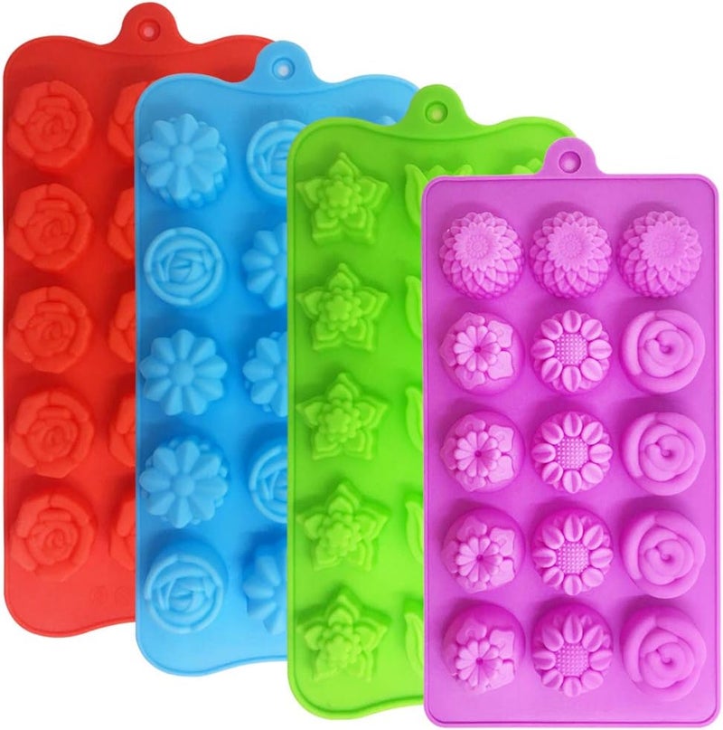 DanziX 4 PACK Flower Shape Chocolate Candy Molds Set, Silicone 15 Cavity Baking Mold Ice Cube Tray for Wedding,Festival,Parties and DIY Crafts-Green,Blue,Red and Purple - Image 1