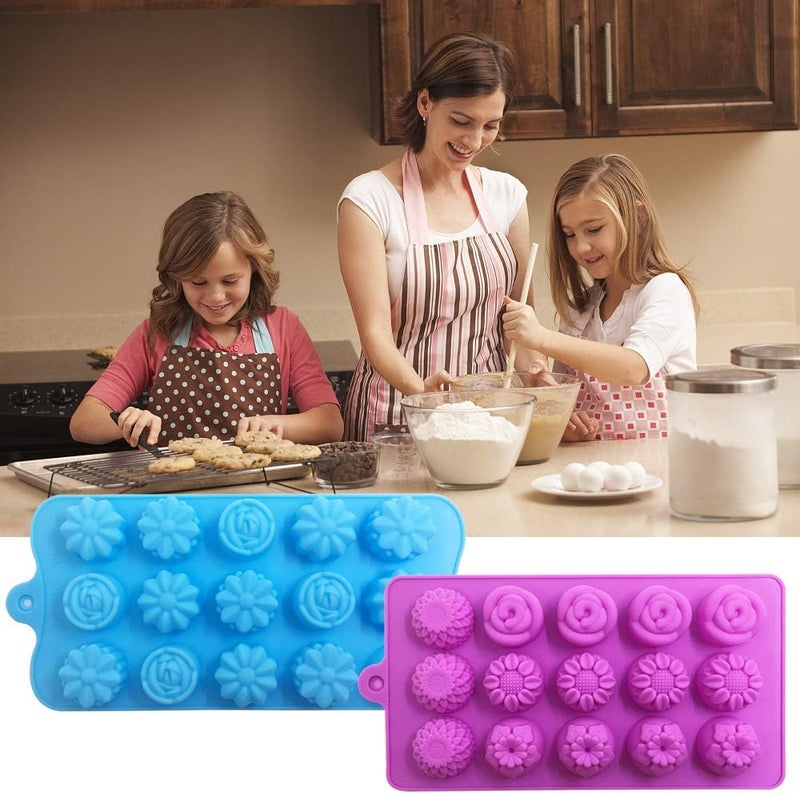DanziX 4 PACK Flower Shape Chocolate Candy Molds Set, Silicone 15 Cavity Baking Mold Ice Cube Tray for Wedding,Festival,Parties and DIY Crafts-Green,Blue,Red and Purple - Image 4