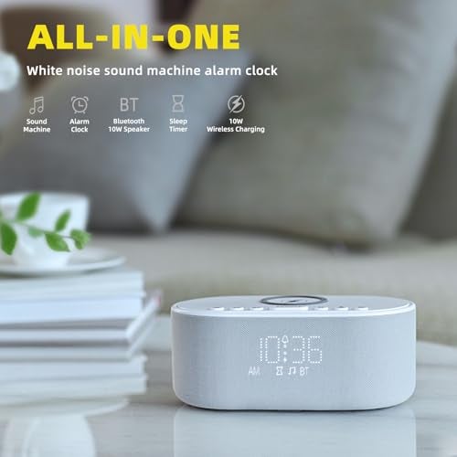 Odokee Sound Machine Alarm Clock Wireless Charger: Bluetooth 10W Stereo Sound Speaker Bedroom - White Noise Machine for Sleeping with 21 Soothing Sounds - Image 2