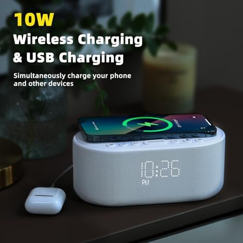Odokee Sound Machine Alarm Clock Wireless Charger: Bluetooth 10W Stereo Sound Speaker Bedroom - White Noise Machine for Sleeping with 21 Soothing Sounds - Image 4