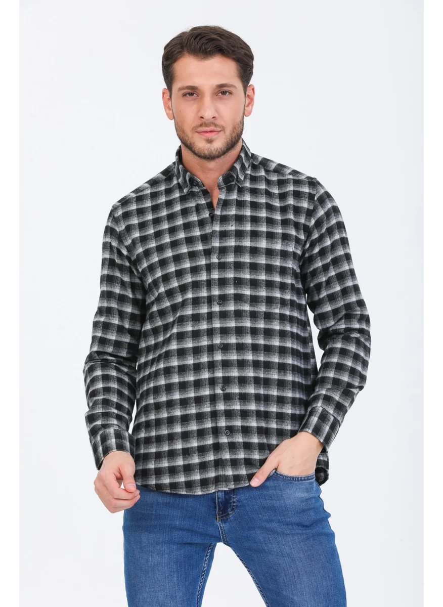 Varetta Men's Black Long Sleeve Checkered Pocket Collar Buttoned Winter Shirt