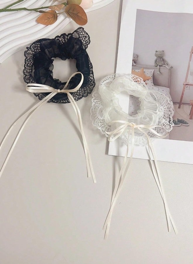 Vsaksh 2Pcs, Large Lace Hair Scrunchies for Women & Girls – Intestine Ring Style Oversized Elastic Hair Ties, Soft Organza Ponytail Holders for Thick Hair - Image 1