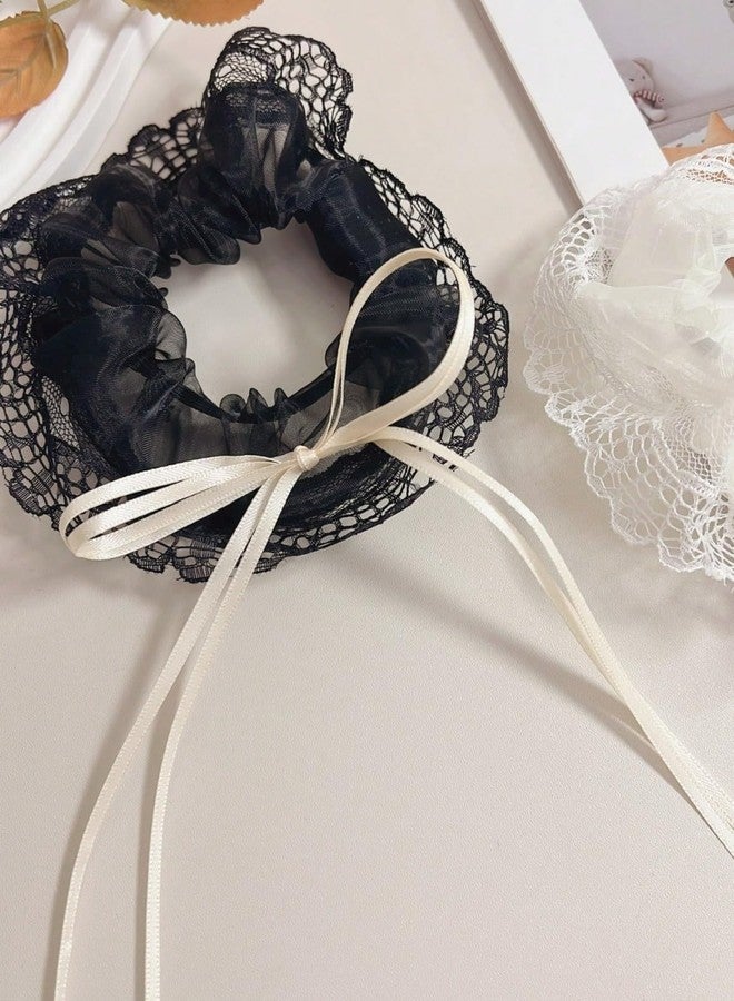 Vsaksh 2Pcs, Large Lace Hair Scrunchies for Women & Girls – Intestine Ring Style Oversized Elastic Hair Ties, Soft Organza Ponytail Holders for Thick Hair - Image 2