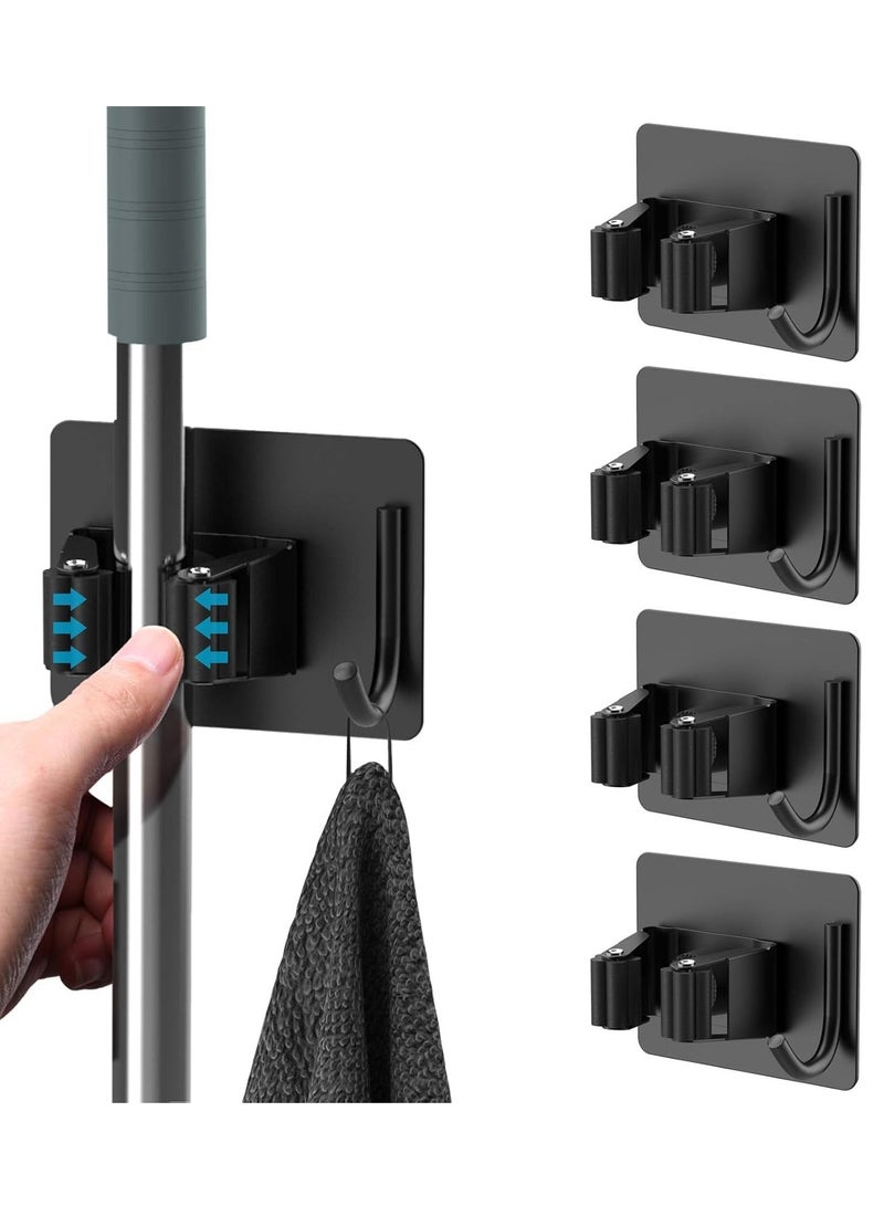 5 Pcs Mop Broom Holder, Self Adhesive Stainless Steel Broom Storage with Rack and Hook, Wall Mounted Mop Broom Organizer for Home, Bathroom, Kitchen, Officee, Closet (Black)  - Image 1
