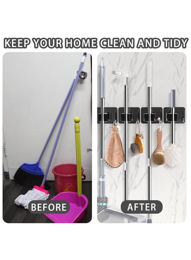 5 Pcs Mop Broom Holder, Self Adhesive Stainless Steel Broom Storage with Rack and Hook, Wall Mounted Mop Broom Organizer for Home, Bathroom, Kitchen, Officee, Closet (Black)  - Image 2