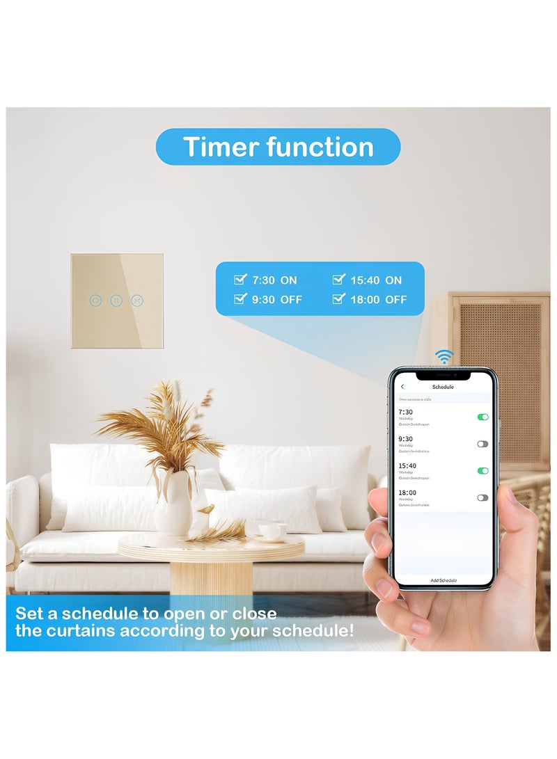 Smart WiFi Curtain Switch with Touch Glass Panel, Neutral Wire Required, Compatible with Alexa and Google Home, Touch & App Remote Control, Timing Function & Voice Control (Gold) - Image 4