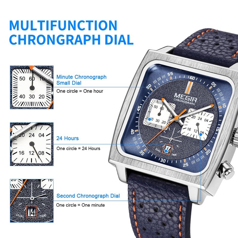 MEGIR Men's Rectangle Business Work Analogue Quartz Chronograph Luminous Sport Wrist Watch with Leather Strap 2182 Blue - Image 4
