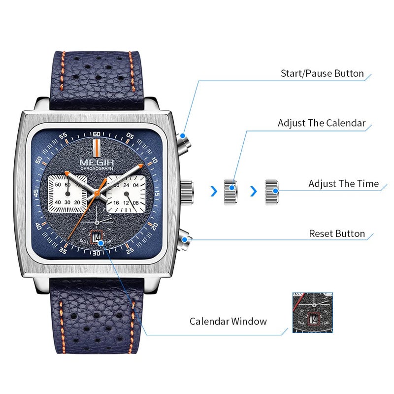 MEGIR Men's Rectangle Business Work Analogue Quartz Chronograph Luminous Sport Wrist Watch with Leather Strap 2182 Blue - Image 5