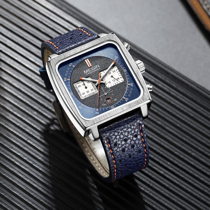 MEGIR Men's Rectangle Business Work Analogue Quartz Chronograph Luminous Sport Wrist Watch with Leather Strap 2182 Blue - Image 3