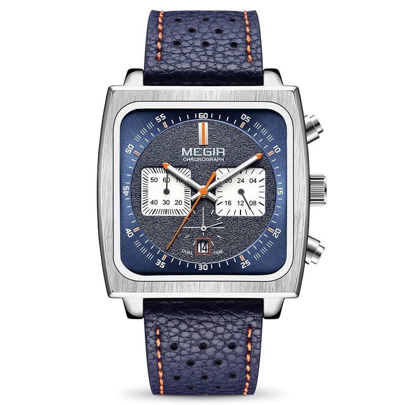 MEGIR Men's Rectangle Business Work Analogue Quartz Chronograph Luminous Sport Wrist Watch with Leather Strap 2182 Blue - Image 1