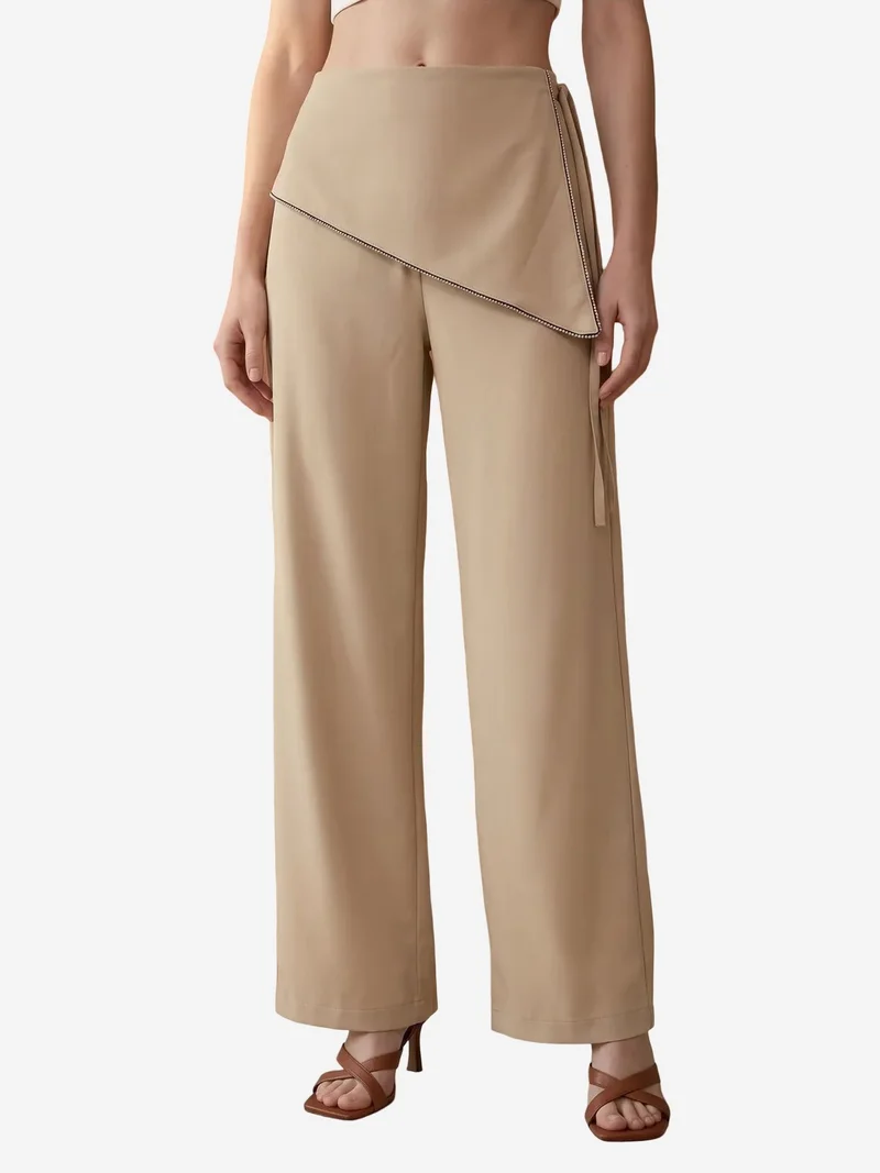 My Fashion Beige Natural MY FASHION High-Waist Wide-Leg Crepe Trousers for Women | Best Price UAE
