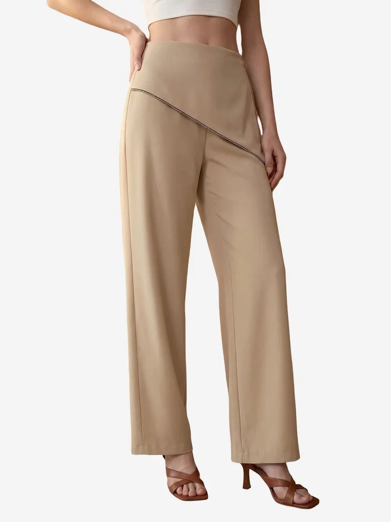 My Fashion Beige Natural MY FASHION High-Waist Wide-Leg Crepe Trousers for Women | Best Price UAE