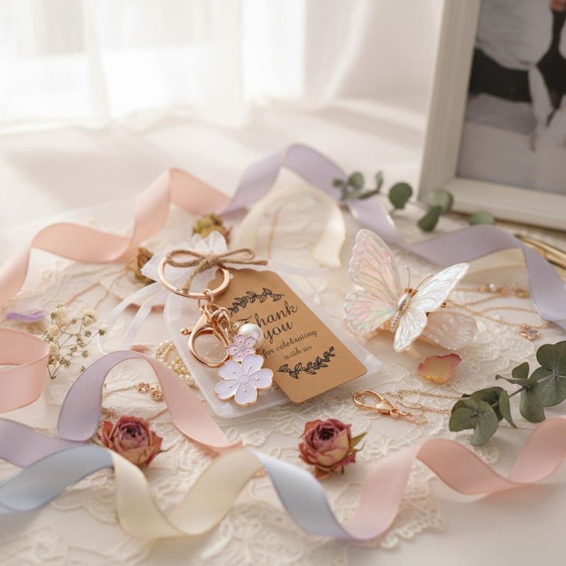 Ecation 20 Set Flower Keychain Party Favor Bulk Keyring Charm for Guest Baptism Bridal Shower Valentine Wedding Gift(White,Cherry Blossom) - Image 4