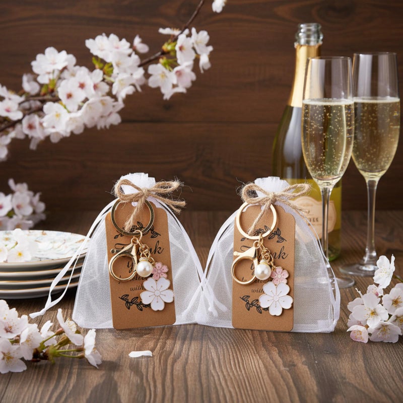 Ecation 20 Set Flower Keychain Party Favor Bulk Keyring Charm for Guest Baptism Bridal Shower Valentine Wedding Gift(White,Cherry Blossom) - Image 5