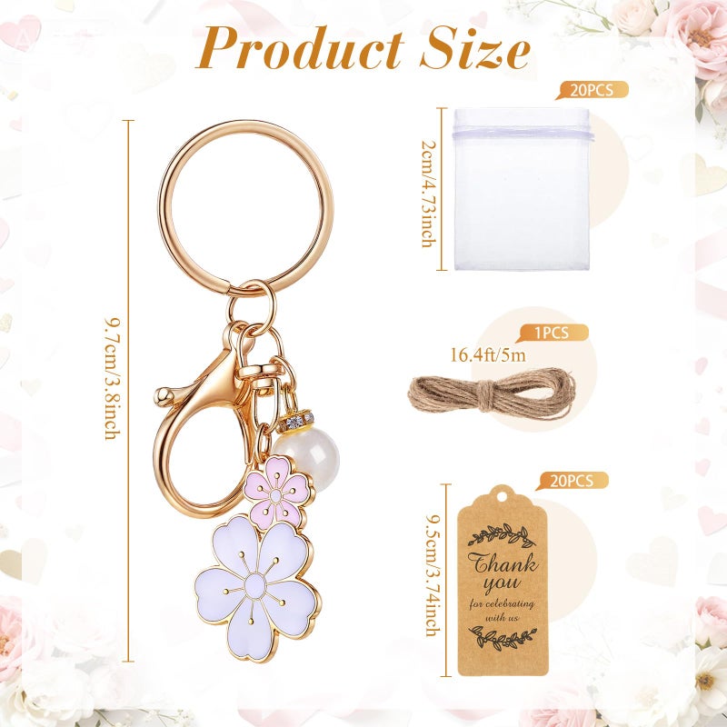 Ecation 20 Set Flower Keychain Party Favor Bulk Keyring Charm for Guest Baptism Bridal Shower Valentine Wedding Gift(White,Cherry Blossom) - Image 2