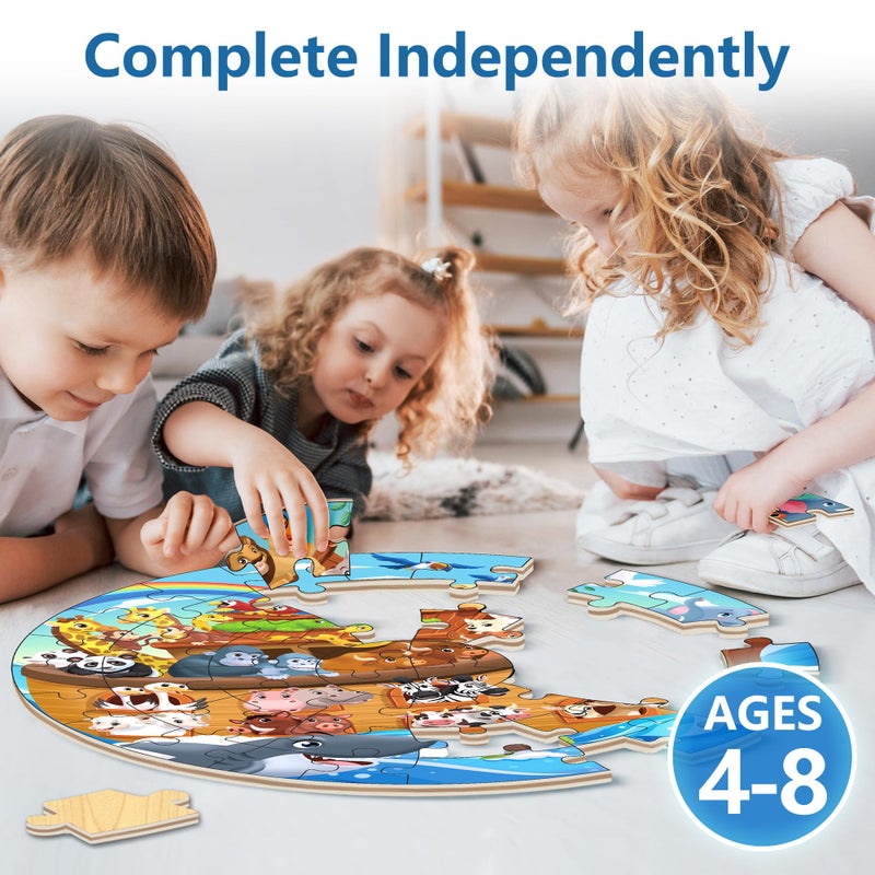 iPlay, iLearn Toddlers Noah's-Ark Wooden Animal Puzzles, Kids Floor Puzzles for Ages 3-5, 4-8, Large 51 Pieces Round Jigsaw Puzzle Educational Toys, Birthday Gift for 6 7 Years Old Boys Girls Children - Image 5