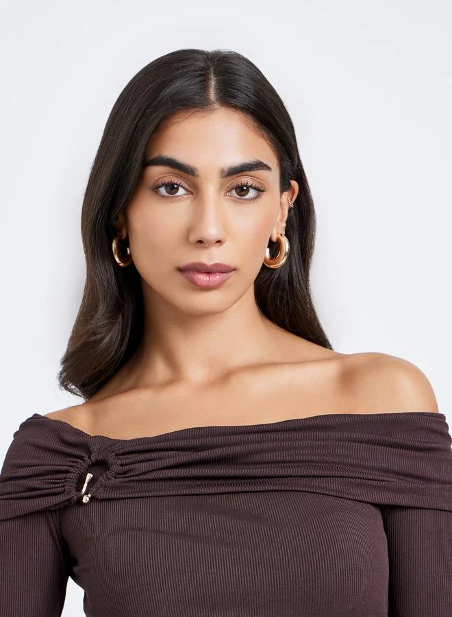 Styli Styli Brown Off-Shoulder Long Sleeve Blouse