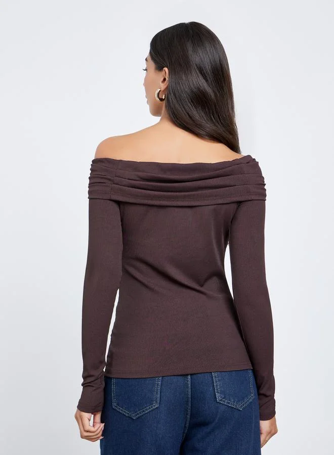 Styli Styli Brown Off-Shoulder Long Sleeve Blouse