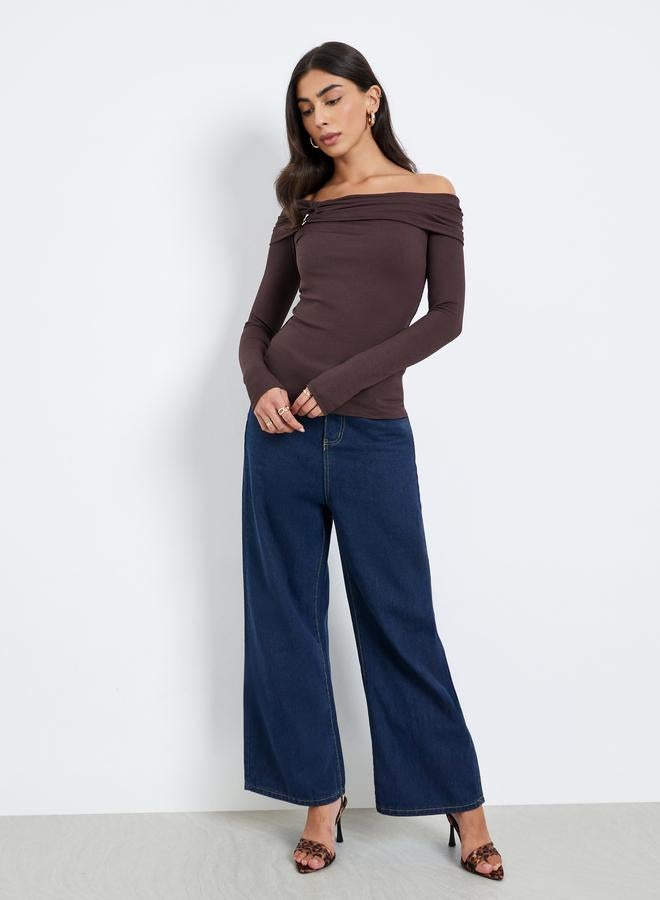 Styli Brown Off-Shoulder Long Sleeve Blouse - Image 2