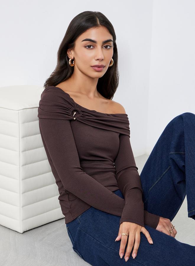 Styli Brown Off-Shoulder Long Sleeve Blouse - Image 1
